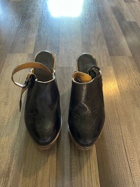 Bed Stu-Black Leather Women's Mule Clogs with Ankle Strap